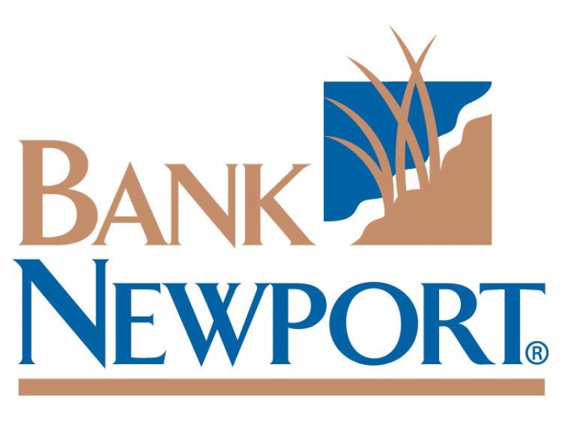 Bank Newport Logo: Tan "Bank" and blue and tan image of grass on the sand above blue "Newport"